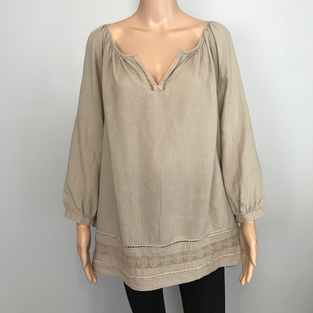 J Jill beige linen boho border Blouse top